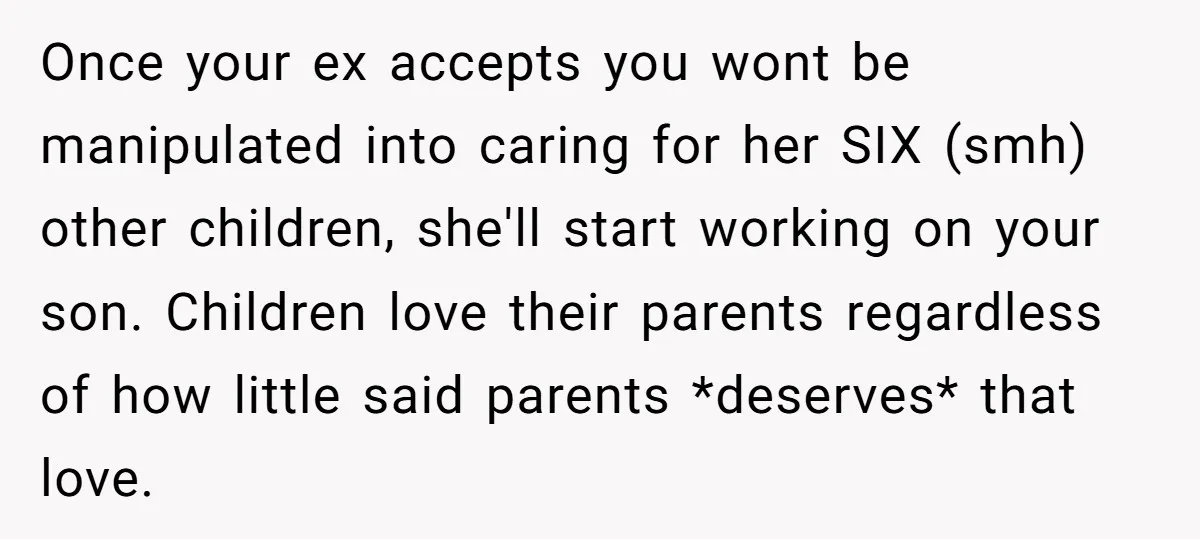Once your ex accepts you wont be manipulated into caring for her SIX (smh) other children, she'll start working on your son. Children love their parents regardless of how little...