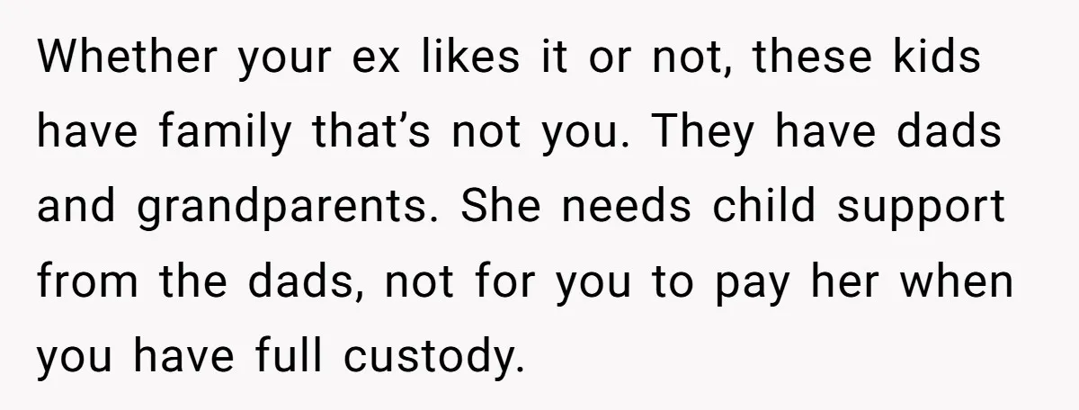 Whether your ex likes it or not, these kids have family that’s not you. They have dads and grandparents. She needs child support from the dads, not for you to...