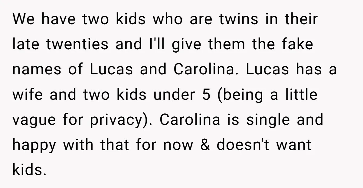 We have two kids who are twins in their late twenties and I'll give them the fake names of Lucas and Carolina. Lucas has a wife and two kids under...