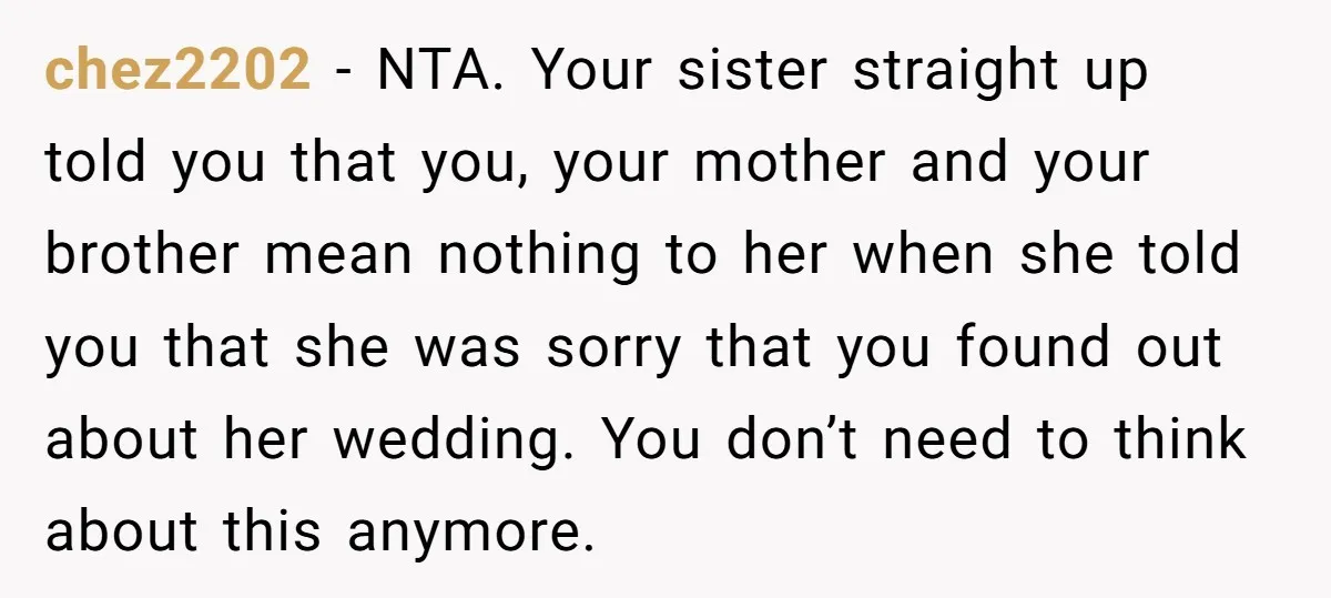 chez2202 − NTA. Your sister straight up told you that you, your mother and your brother mean nothing to her when she told you that she was sorry that you...