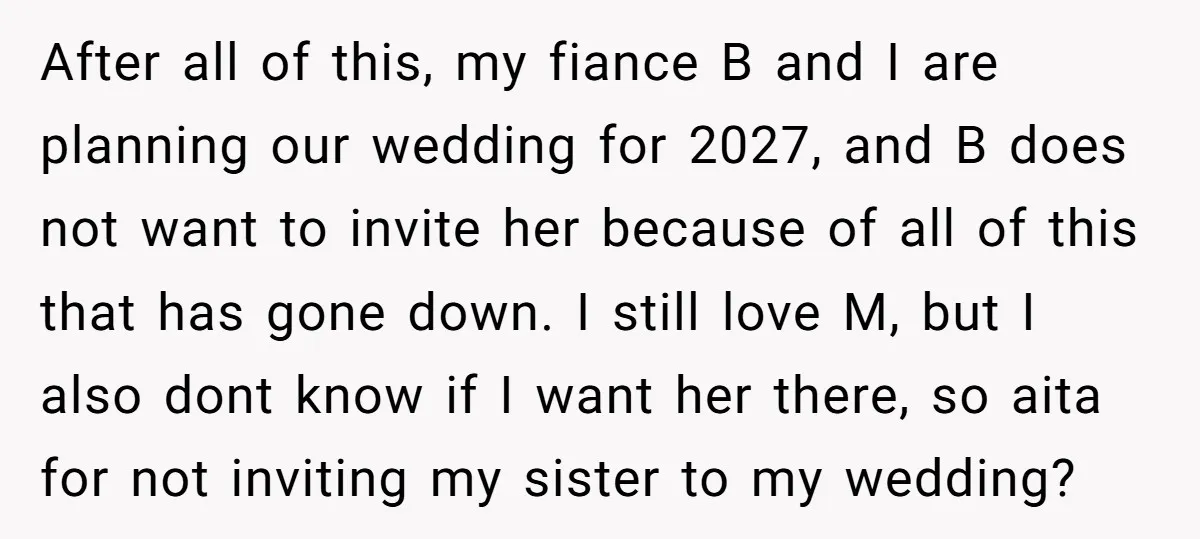After all of this, my fiance B and I are planning our wedding for 2027, and B does not want to invite her because of all of this that has...