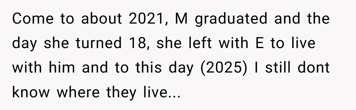 Come to about 2021, M graduated and the day she turned 18, she left with E to live with him and to this day (2025) I still dont know where...