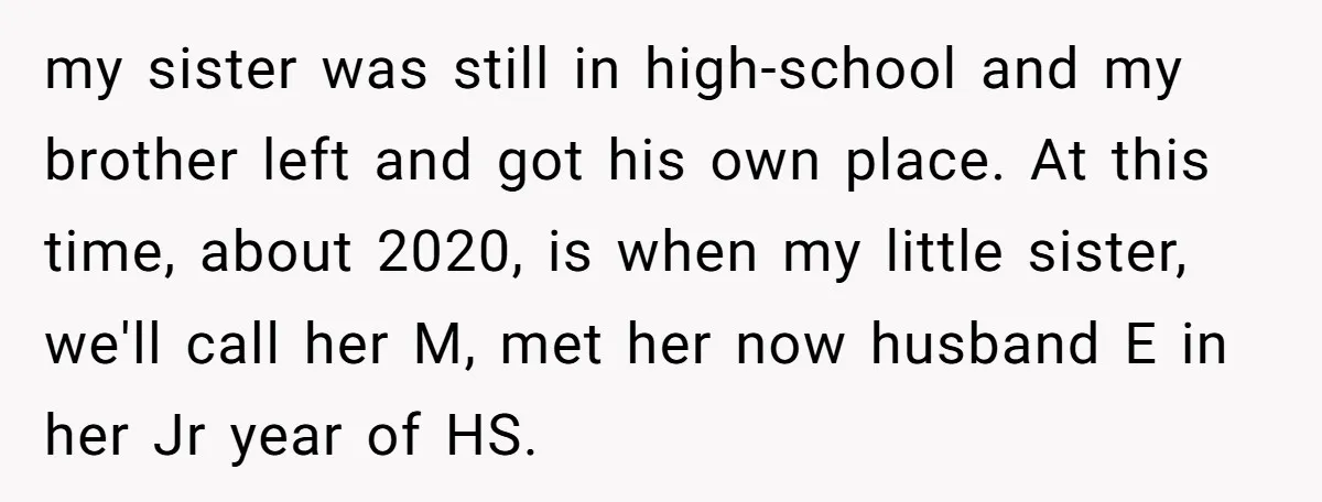 my sister was still in high-school and my brother left and got his own place. At this time, about 2020, is when my little sister, we'll call her M, met...