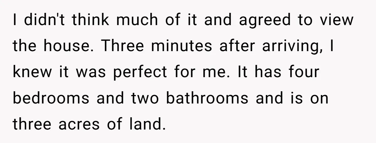 I didn't think much of it and agreed to view the house. Three minutes after arriving, I knew it was perfect for me. It has four bedrooms and two bathrooms...