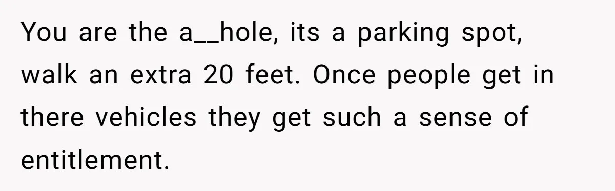 You are the a__hole, its a parking spot, walk an extra 20 feet. Once people get in there vehicles they get such a sense of entitlement.