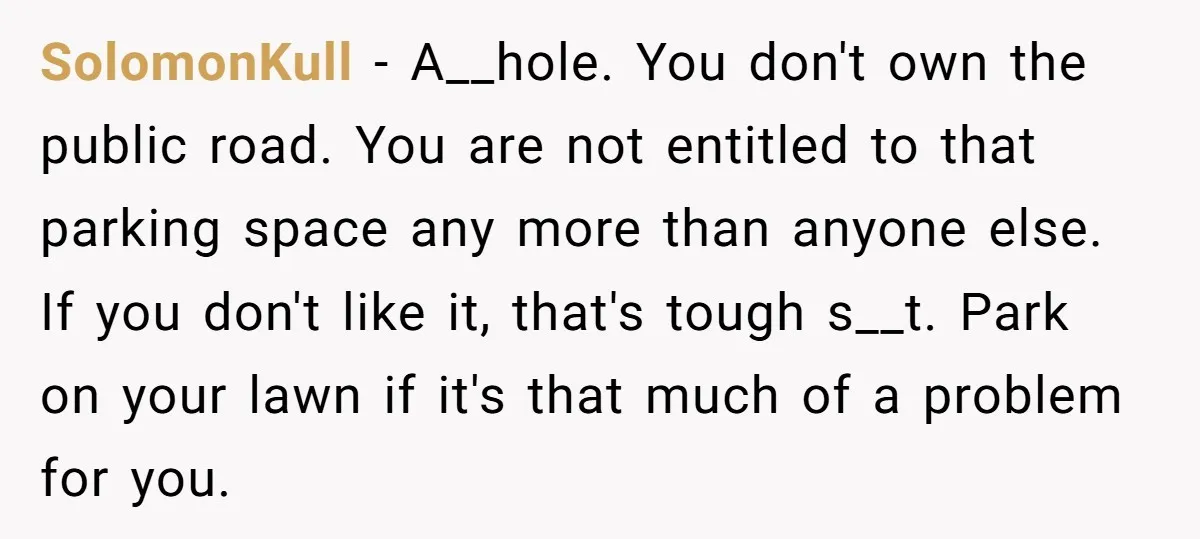 SolomonKull − A__hole. You don't own the public road. You are not entitled to that parking space any more than anyone else. If you don't like it, that's tough s__t....