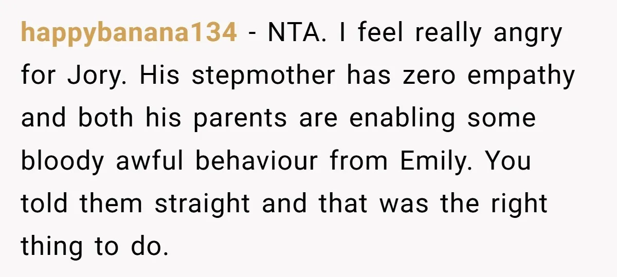happybanana134 − NTA. I feel really angry for Jory. His stepmother has zero empathy and both his parents are enabling some bloody awful behaviour from Emily. You told them straight...