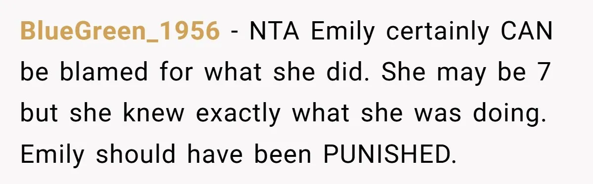 BlueGreen_1956 − NTA Emily certainly CAN be blamed for what she did. She may be 7 but she knew exactly what she was doing. Emily should have been PUNISHED.
