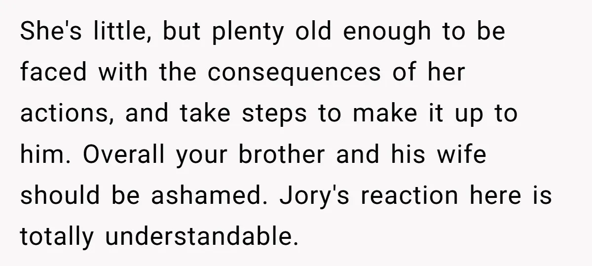 She's little, but plenty old enough to be faced with the consequences of her actions, and take steps to make it up to him. Overall your brother and his wife...