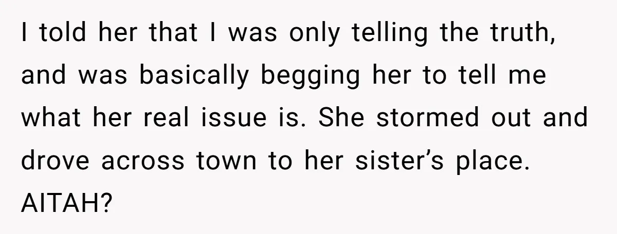 I told her that I was only telling the truth, and was basically begging her to tell me what her real issue is. She stormed out and drove across town...