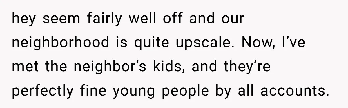 hey seem fairly well off and our neighborhood is quite upscale. Now, I’ve met the neighbor’s kids, and they’re perfectly fine young people by all accounts.