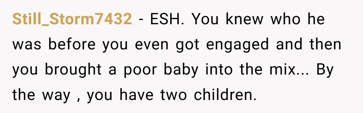 Still_Storm7432 − ESH. You knew who he was before you even got engaged and then you brought a poor baby into the mix... By the way , you have two...