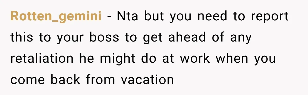 Rotten_gemini − Nta but you need to report this to your boss to get ahead of any retaliation he might do at work when you come back from vacation