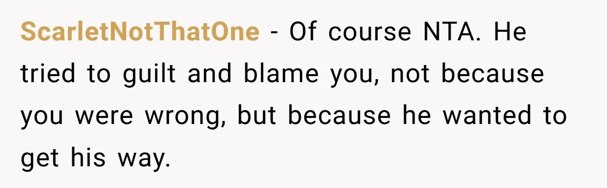 ScarletNotThatOne − Of course NTA. He tried to guilt and blame you, not because you were wrong, but because he wanted to get his way.