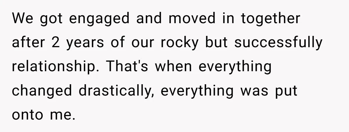 We got engaged and moved in together after 2 years of our rocky but successfully relationship. That's when everything changed drastically, everything was put onto me.
