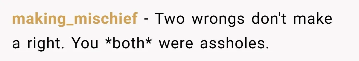 making_mischief − Two wrongs don't make a right. You *both* were assholes.