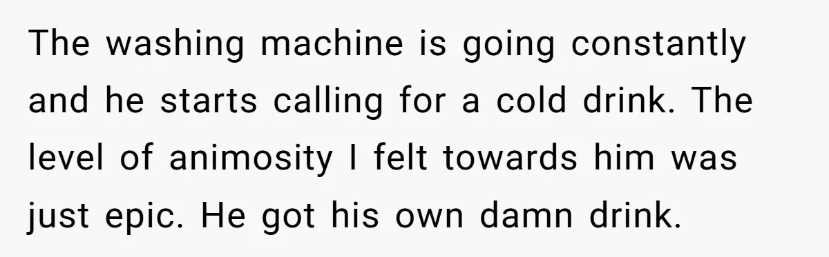 The washing machine is going constantly and he starts calling for a cold drink. The level of animosity I felt towards him was just epic. He got his own damn...