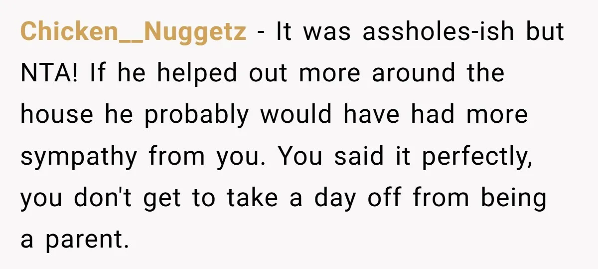 Chicken__Nuggetz − It was assholes-ish but NTA! If he helped out more around the house he probably would have had more sympathy from you. You said it perfectly, you don't...
