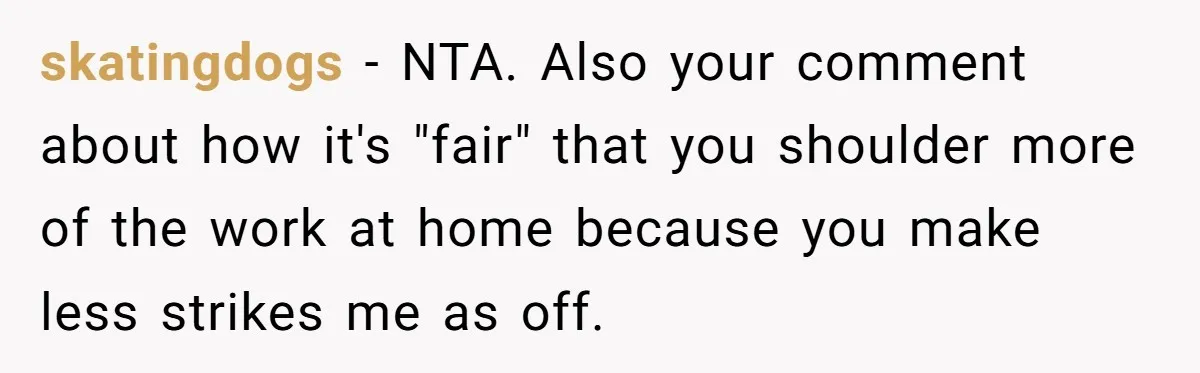 skatingdogs − NTA. Also your comment about how it's "fair" that you shoulder more of the work at home because you make less strikes me as off.