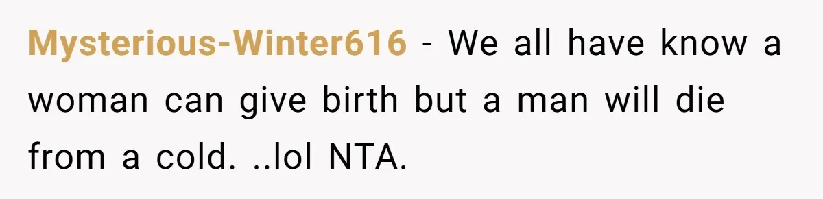 Mysterious-Winter616 − We all have know a woman can give birth but a man will die from a cold. ..lol NTA.