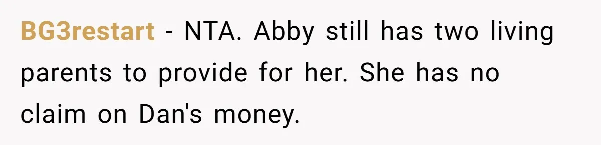 BG3restart − NTA. Abby still has two living parents to provide for her. She has no claim on Dan's money.