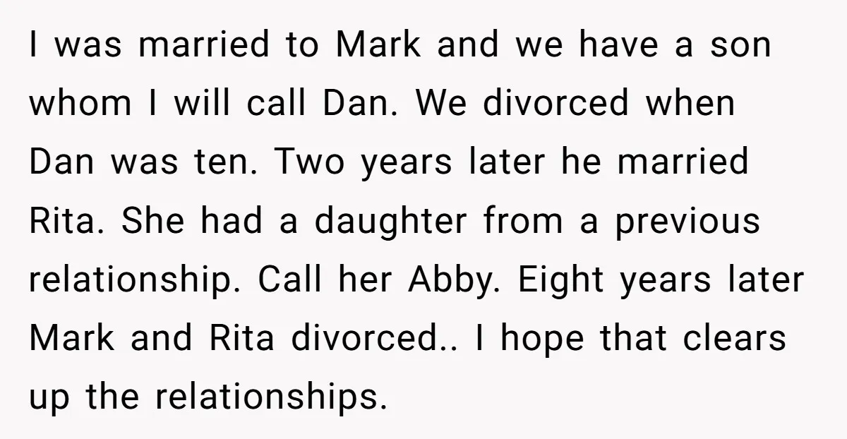 I was married to Mark and we have a son whom I will call Dan. We divorced when Dan was ten. Two years later he married Rita. She had a...