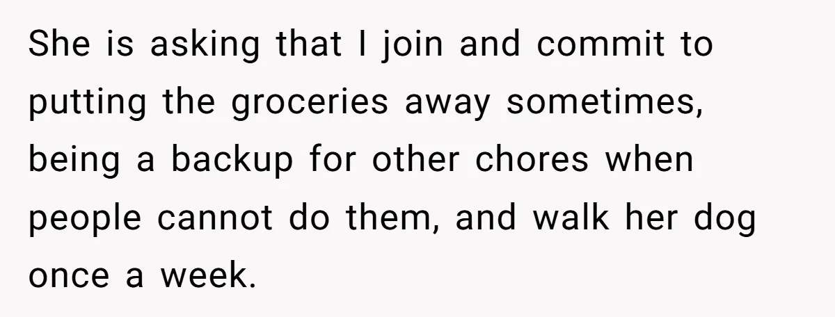 She is asking that I join and commit to putting the groceries away sometimes, being a backup for other chores when people cannot do them, and walk her dog once...