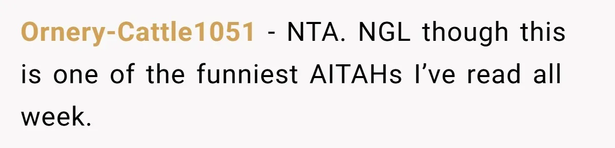 Ornery-Cattle1051 − NTA. NGL though this is one of the funniest AITAHs I’ve read all week.