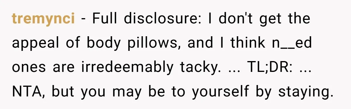 tremynci − Full disclosure: I don't get the appeal of body pillows, and I think n__ed ones are irredeemably tacky. ... TL;DR: ... NTA, but you may be to yourself...