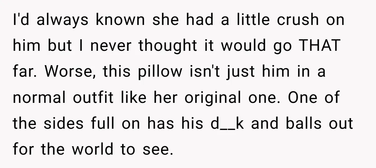 I'd always known she had a little crush on him but I never thought it would go THAT far. Worse, this pillow isn't just him in a normal outfit like...