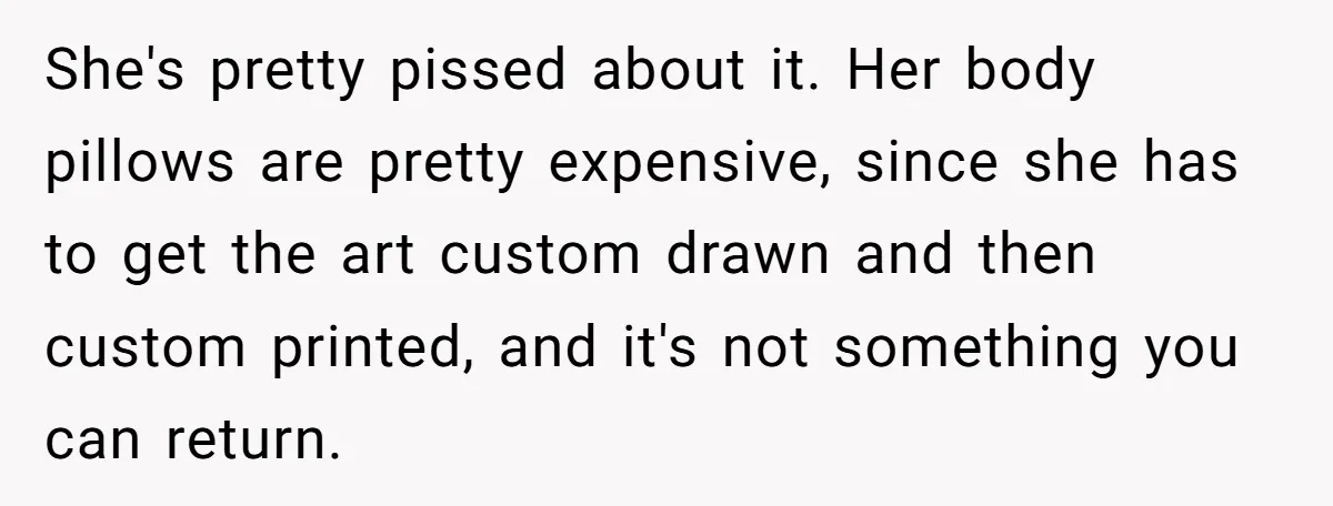 She's pretty pissed about it. Her body pillows are pretty expensive, since she has to get the art custom drawn and then custom printed, and it's not something you can...
