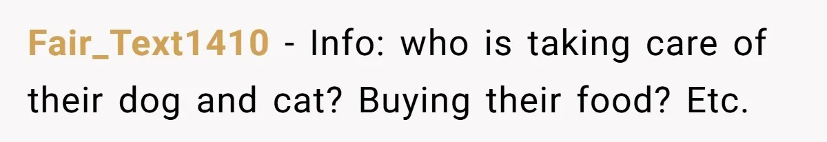 Fair_Text1410 − Info: who is taking care of their dog and cat? Buying their food? Etc.