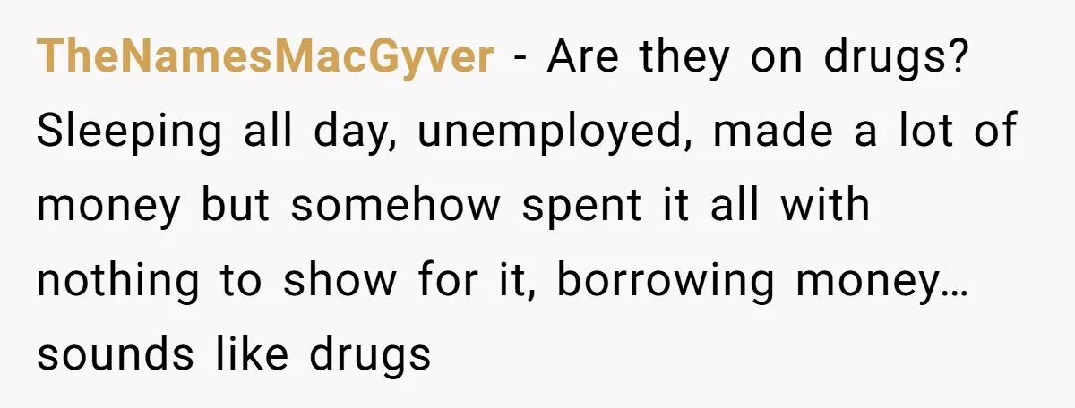 TheNamesMacGyver − Are they on drugs? Sleeping all day, unemployed, made a lot of money but somehow spent it all with nothing to show for it, borrowing money… sounds like...