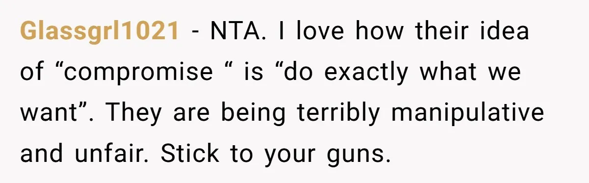 Glassgrl1021 − NTA. I love how their idea of “compromise “ is “do exactly what we want”. They are being terribly manipulative and unfair. Stick to your guns.