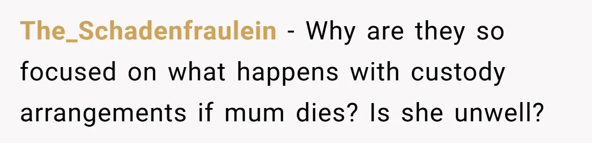 The_Schadenfraulein − Why are they so focused on what happens with custody arrangements if mum dies? Is she unwell?