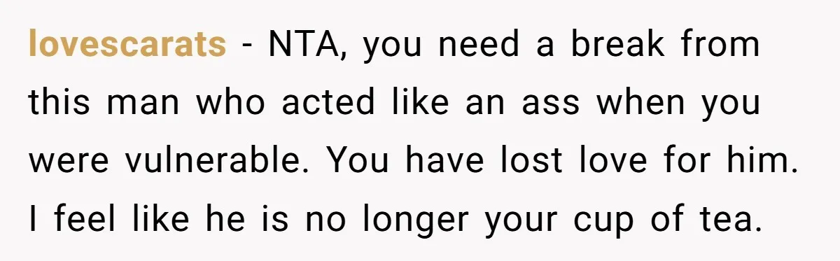 lovescarats − NTA, you need a break from this man who acted like an ass when you were vulnerable. You have lost love for him. I feel like he is...