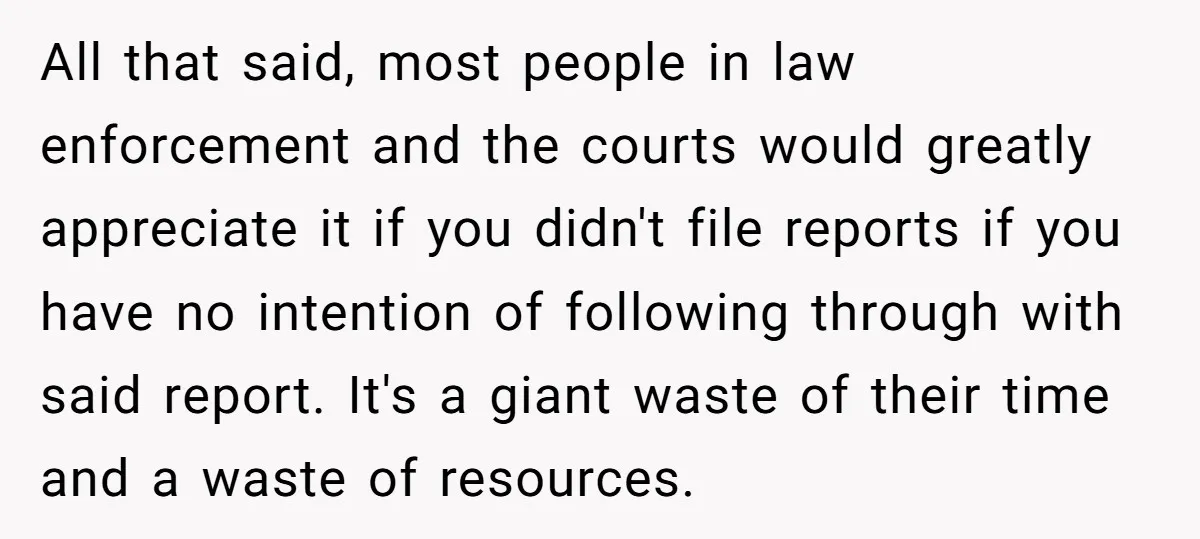 All that said, most people in law enforcement and the courts would greatly appreciate it if you didn't file reports if you have no intention of following through with said...