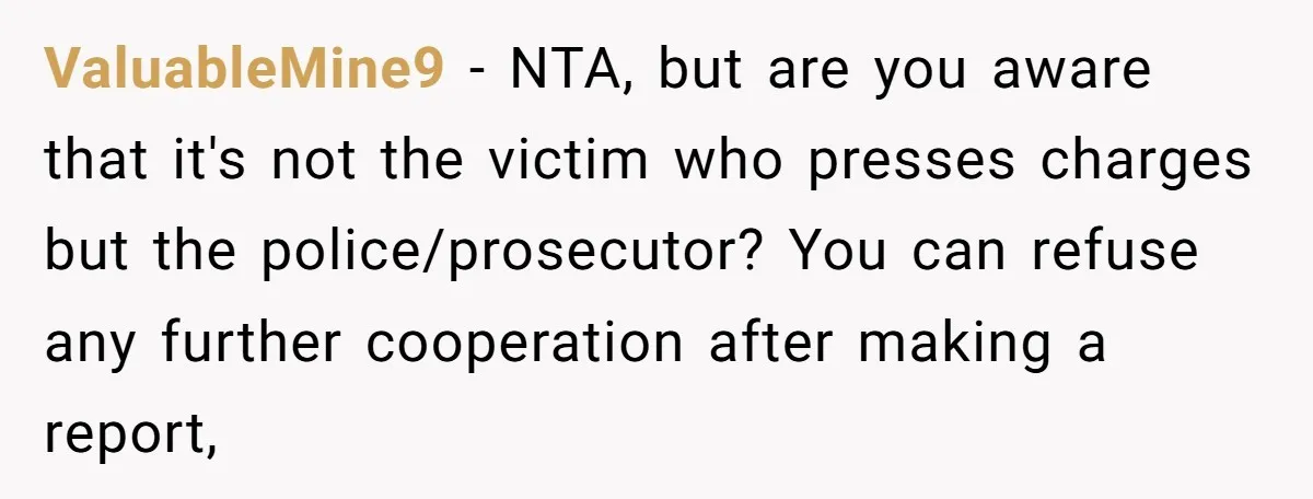 ValuableMine9 − NTA, but are you aware that it's not the victim who presses charges but the police/prosecutor? You can refuse any further cooperation after making a report,