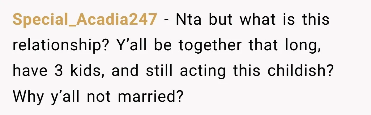 Special_Acadia247 − Nta but what is this relationship? Y’all be together that long, have 3 kids, and still acting this childish? Why y’all not married?