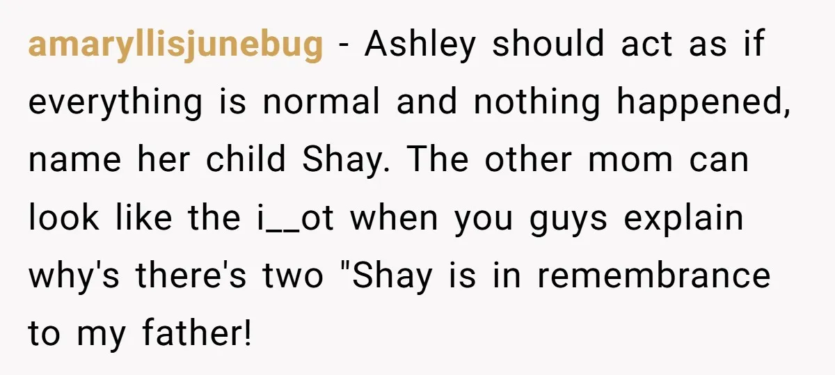 amaryllisjunebug − Ashley should act as if everything is normal and nothing happened, name her child Shay. The other mom can look like the i__ot when you guys explain why's...