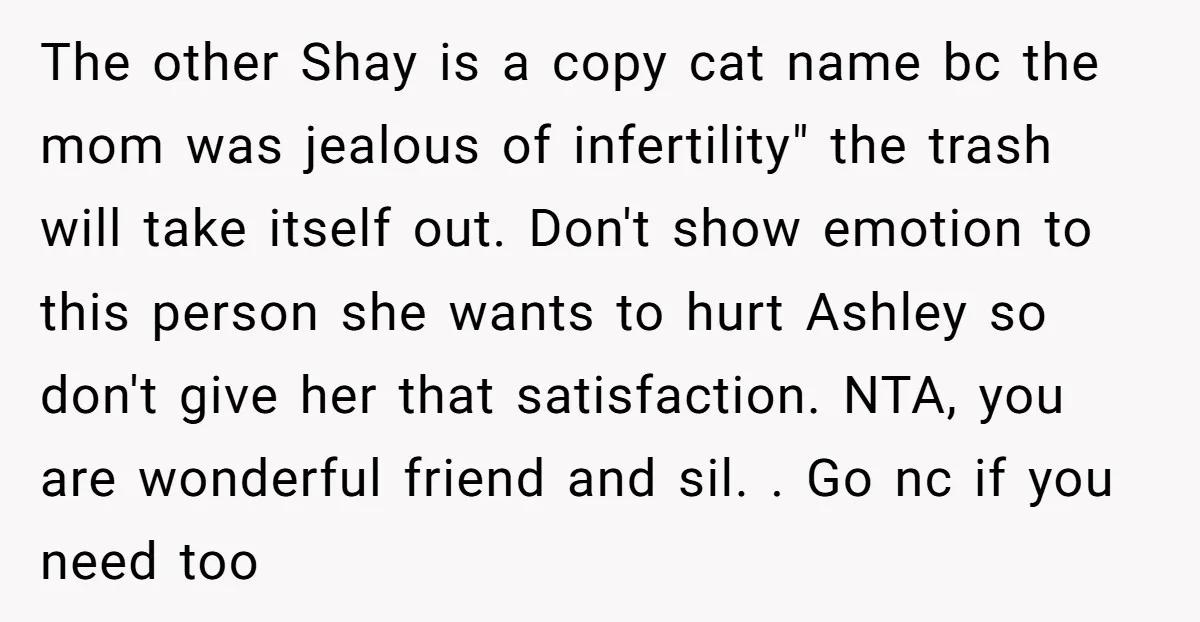 The other Shay is a copy cat name bc the mom was jealous of infertility" the trash will take itself out. Don't show emotion to this person she wants to...