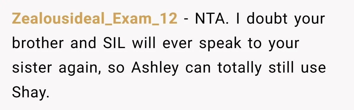 Zealousideal_Exam_12 − NTA. I doubt your brother and SIL will ever speak to your sister again, so Ashley can totally still use Shay.
