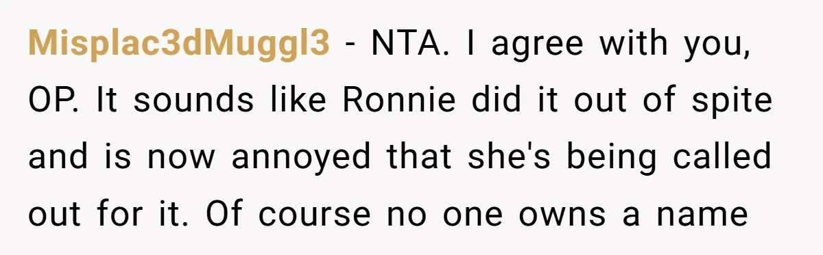 Misplac3dMuggl3 − NTA. I agree with you, OP. It sounds like Ronnie did it out of spite and is now annoyed that she's being called out for it. Of course...
