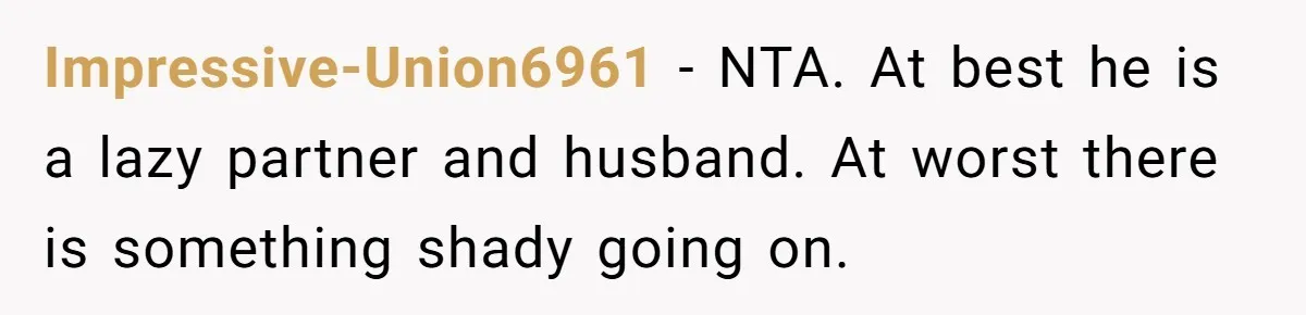 Impressive-Union6961 − NTA. At best he is a lazy partner and husband. At worst there is something shady going on.
