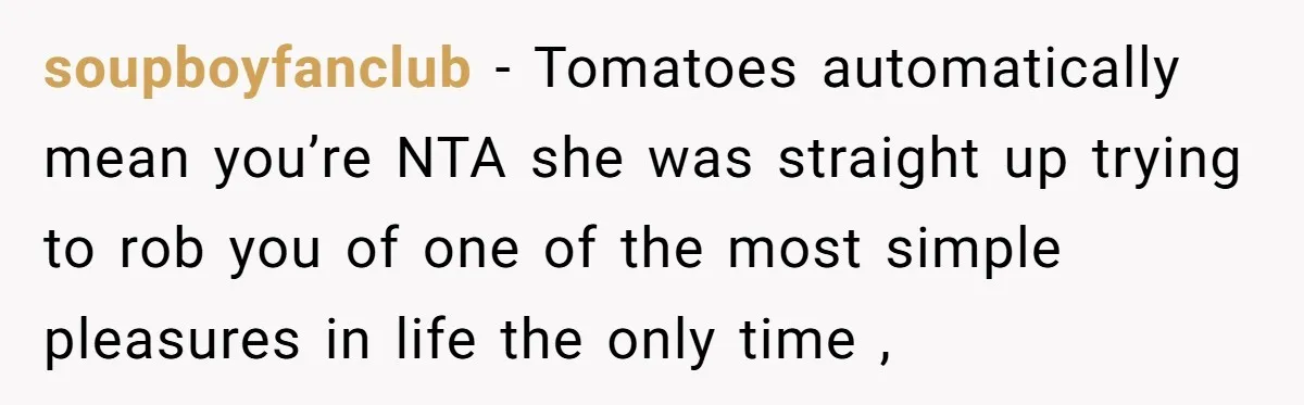 soupboyfanclub − Tomatoes automatically mean you’re NTA she was straight up trying to rob you of one of the most simple pleasures in life the only time ,