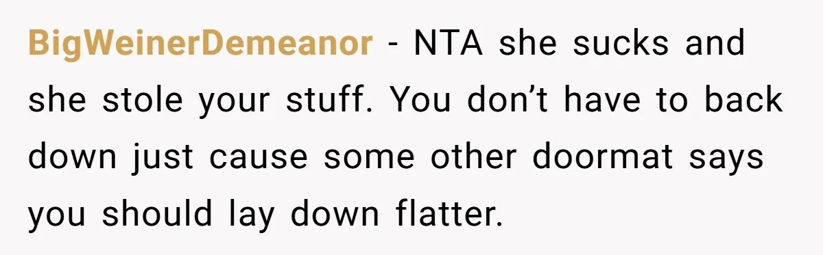BigWeinerDemeanor − NTA she sucks and she stole your stuff. You don’t have to back down just cause some other doormat says you should lay down flatter.
