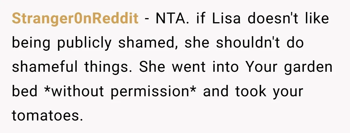 Stranger0nReddit − NTA. if Lisa doesn't like being publicly shamed, she shouldn't do shameful things. She went into Your garden bed *without permission* and took your tomatoes.