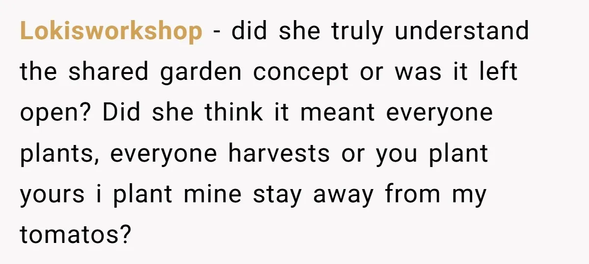 Lokisworkshop − did she truly understand the shared garden concept or was it left open? Did she think it meant everyone plants, everyone harvests or you plant yours i plant...