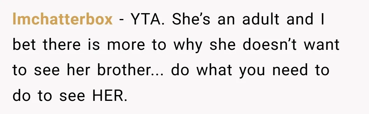 lmchatterbox − YTA. She’s an adult and I bet there is more to why she doesn’t want to see her brother... do what you need to do to see HER.