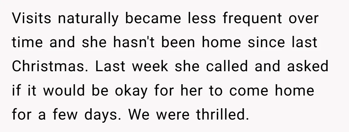 Visits naturally became less frequent over time and she hasn't been home since last Christmas. Last week she called and asked if it would be okay for her to come...